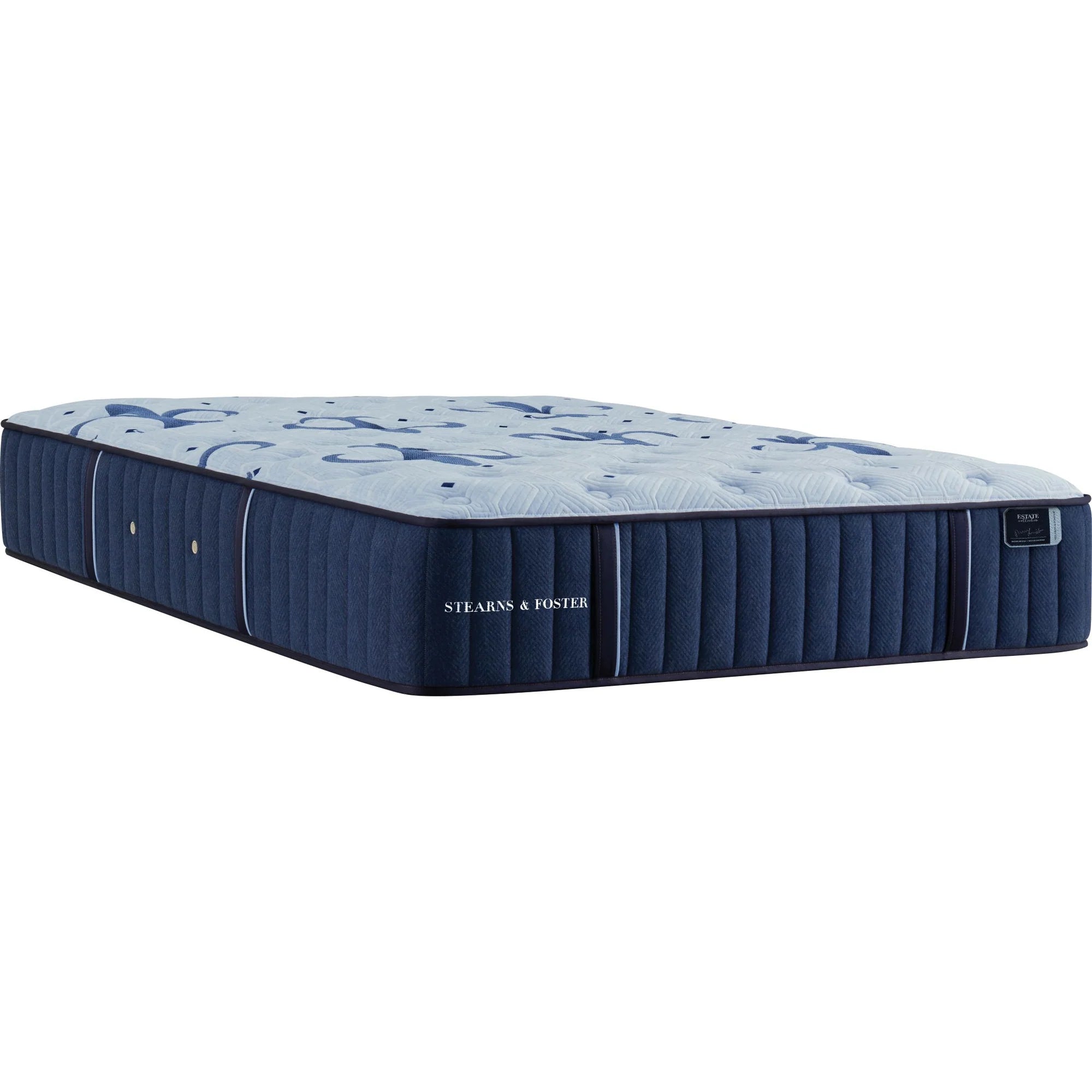 A blue Stearns & Foster luxury firm tight top mattress with knit patterns on the exterior.