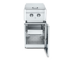 Stainless steel appliance with open door on a white background