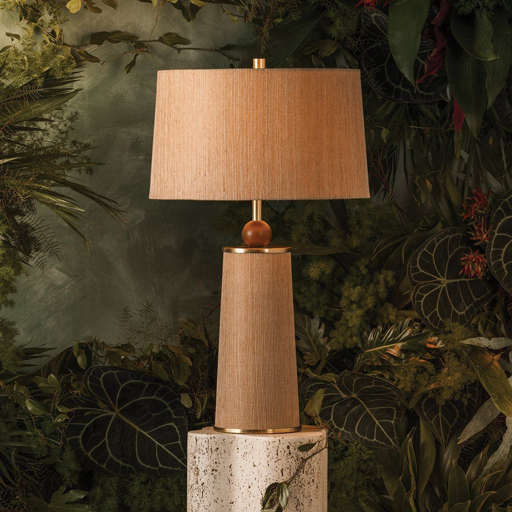 January Walnut and Jute Table Lamp styled in a room