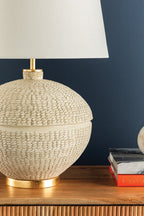 Katonah Woven Basket Ceramic Table Lamp styled in a room 2