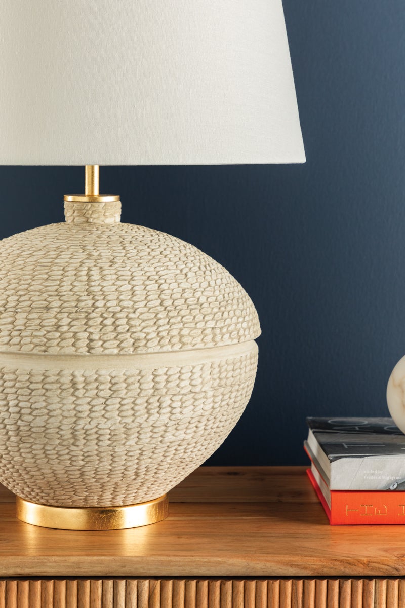 Katonah Woven Basket Ceramic Table Lamp styled in a room 2
