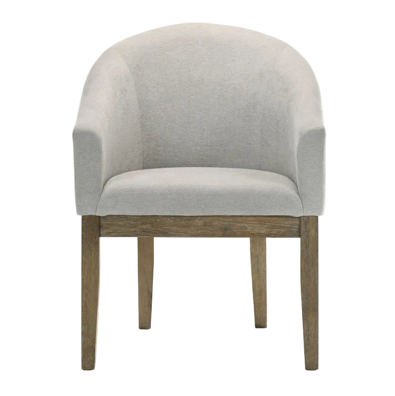 Gray upholstered chair with wooden legs on a white background