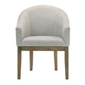 Gray upholstered chair with wooden legs on a white background