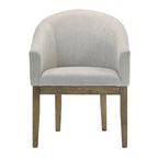 Gray upholstered chair with wooden legs on a white background