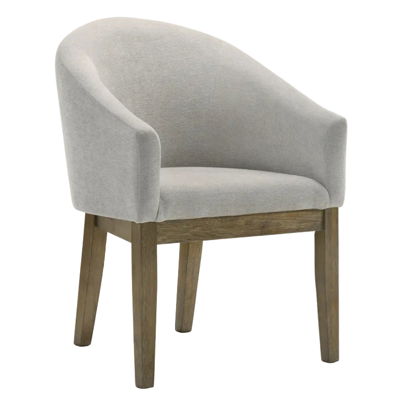 Gray upholstered chair with wooden legs on a white background