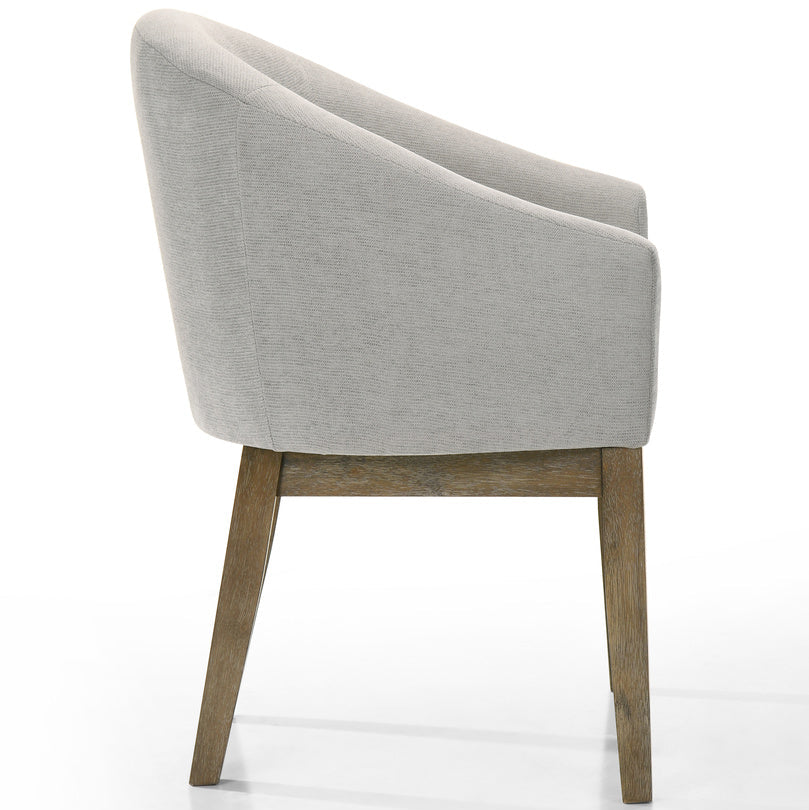 Gray upholstered chair with wooden legs on a white background