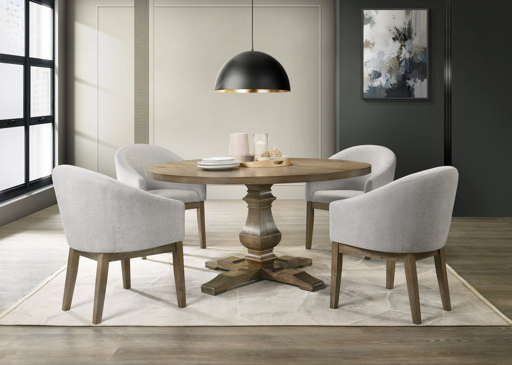 Dining room with wooden table and gray chairs in a modern interior setting.