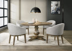 Dining room with wooden table and gray chairs in a modern interior setting.
