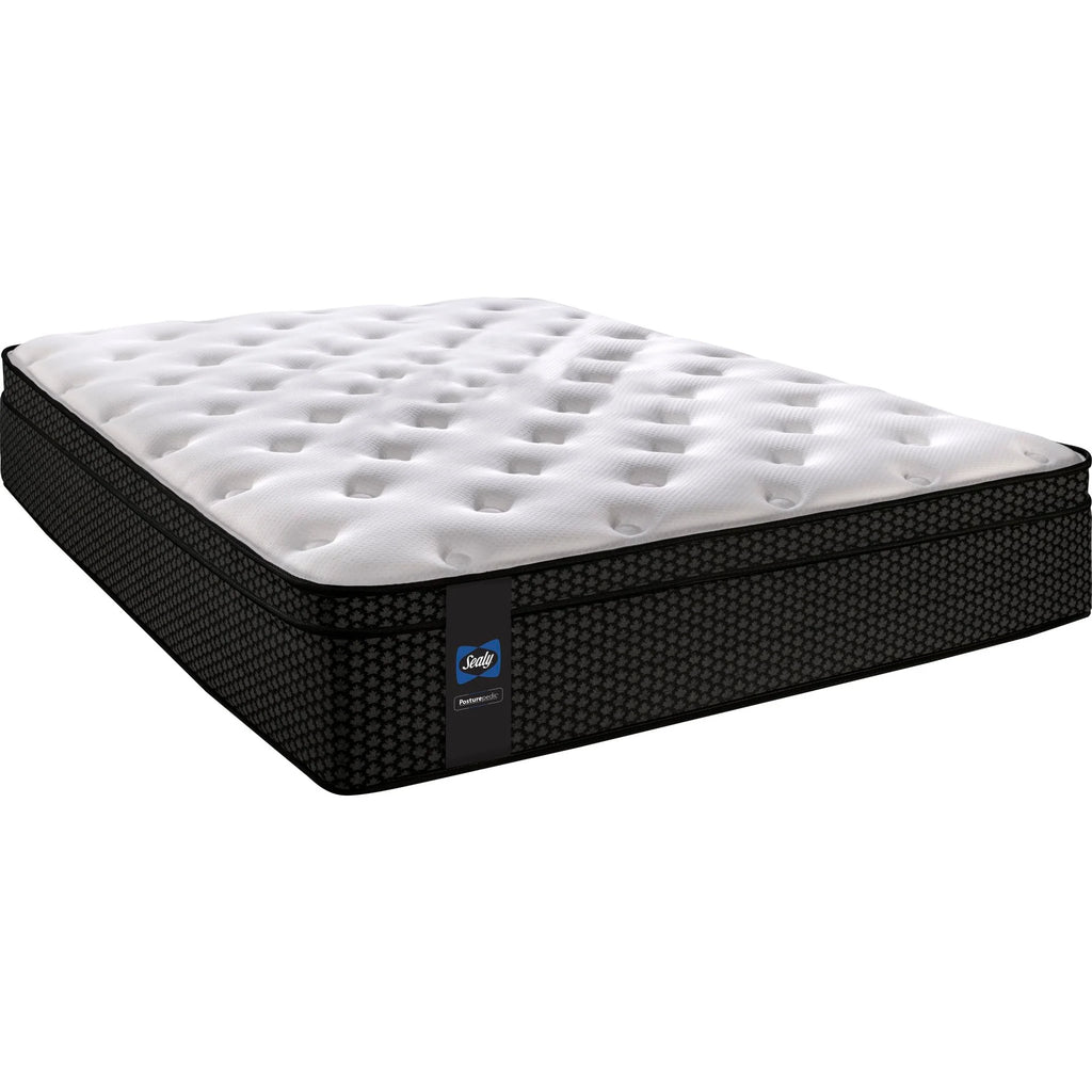 A Sealy brand mattress with a white top on a black base, showcasing a tufted design.