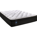 A Sealy brand mattress with a white top on a black base, showcasing a tufted design.