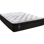 A Sealy brand mattress with a white top on a black base, showcasing a tufted design.