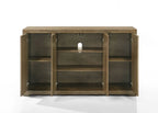 Wooden entertainment console with open doors on a white background