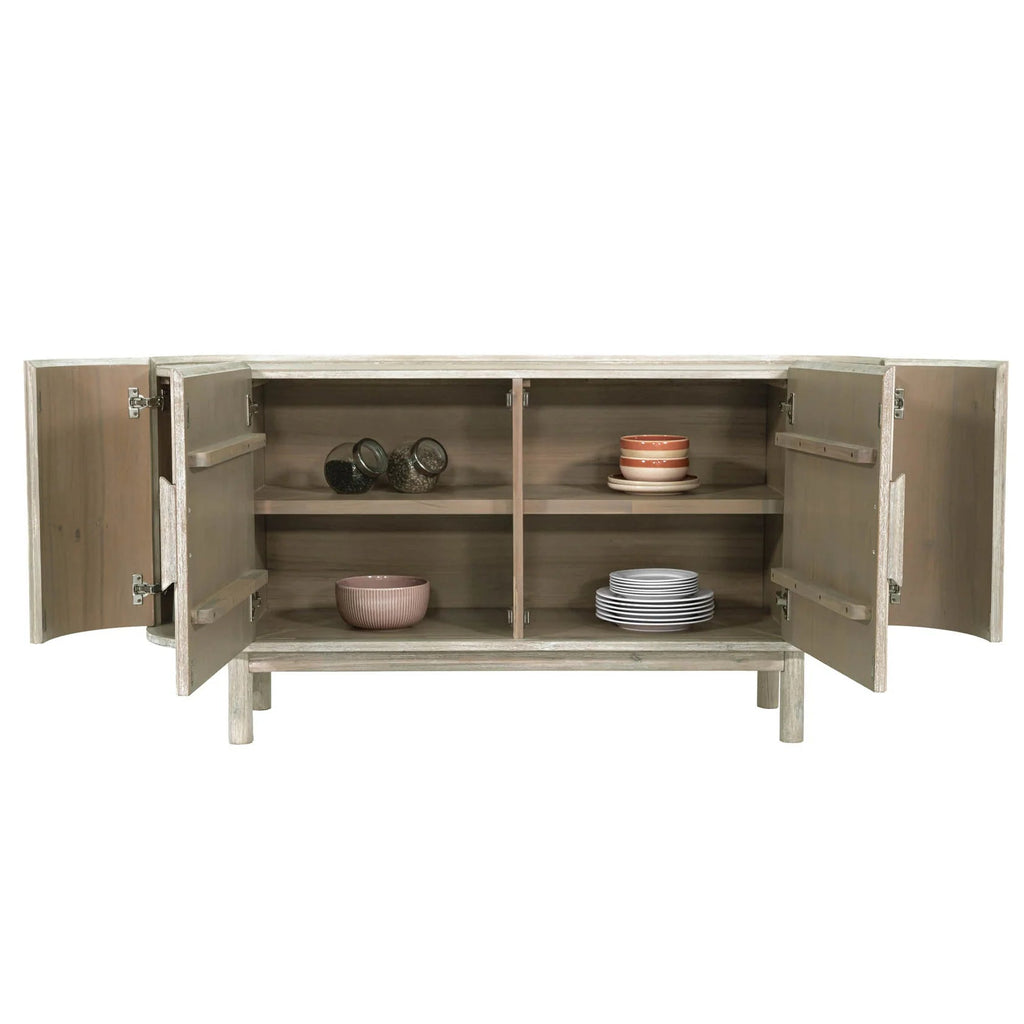 Wooden sideboard with open doors displaying various ceramic items on a white background