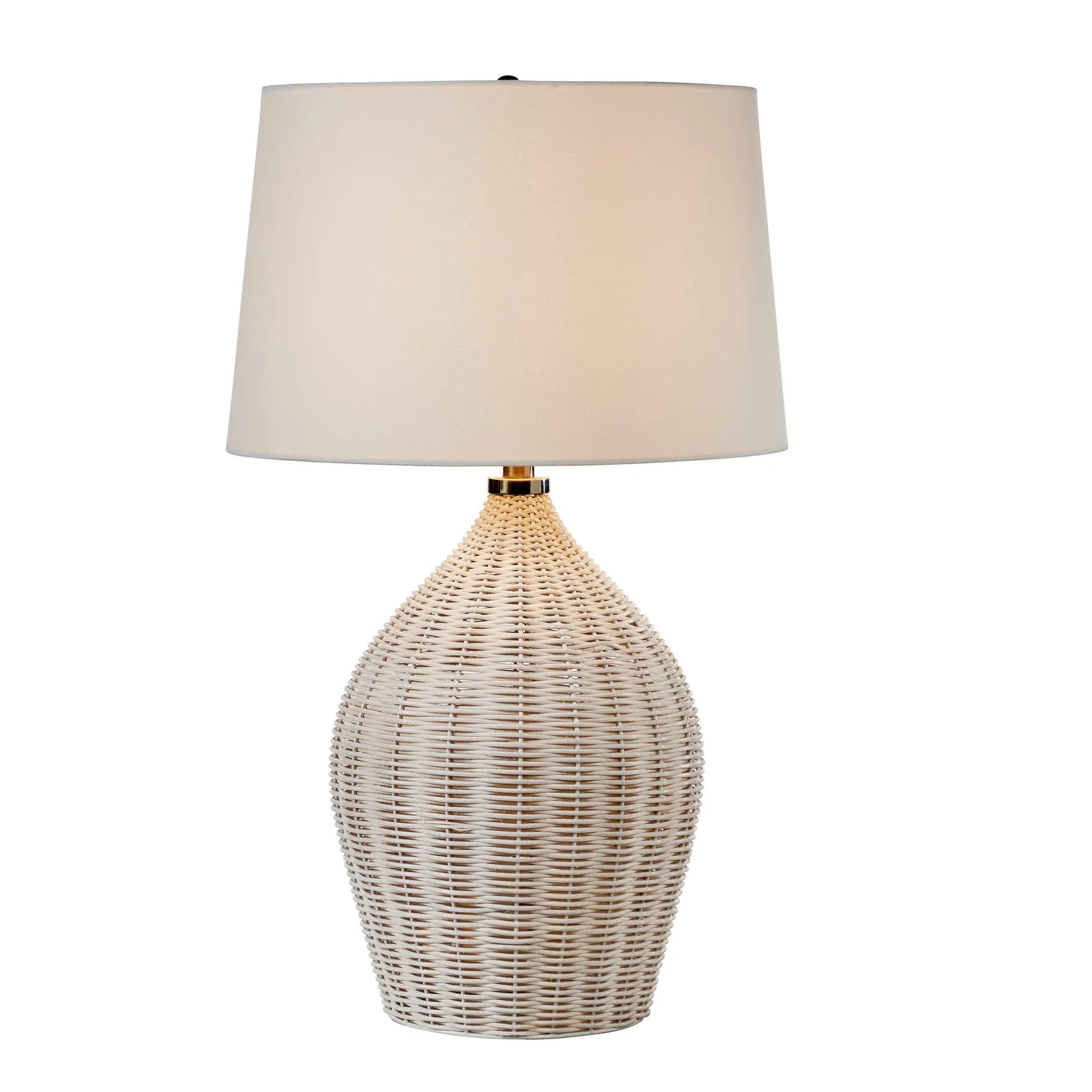 Table lamp with wicker base and beige lampshade on a white background