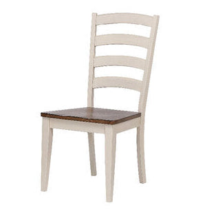 Wooden chair with a white frame and brown seat on a white background