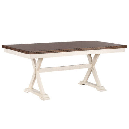 Rectangular table with a brown top and white base on a white background