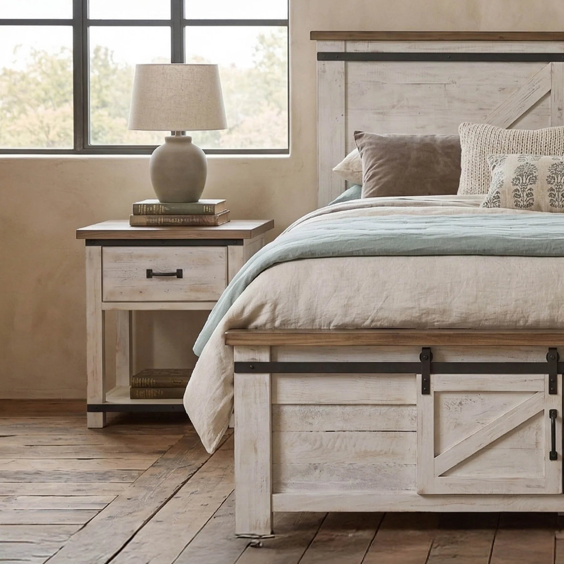 Bedroom with wooden bed and nightstand, natural light from window