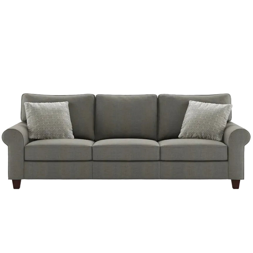 Gray sofa with two cushions on a white background