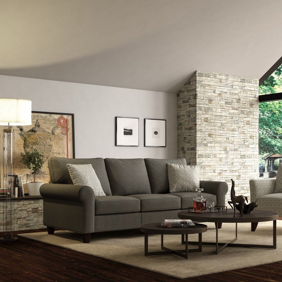 Living room with a gray sofa, coffee table, and decorative elements.