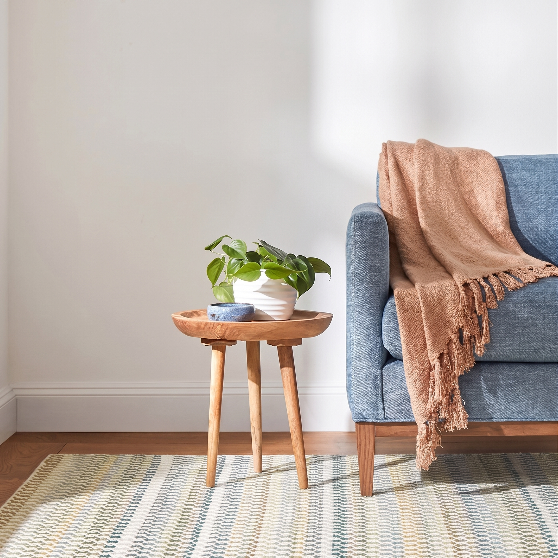 Living room with a blue sofa, wooden side table, and striped rug.