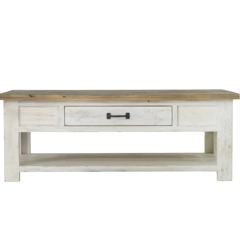 Wooden coffee table with a white painted base on a white background