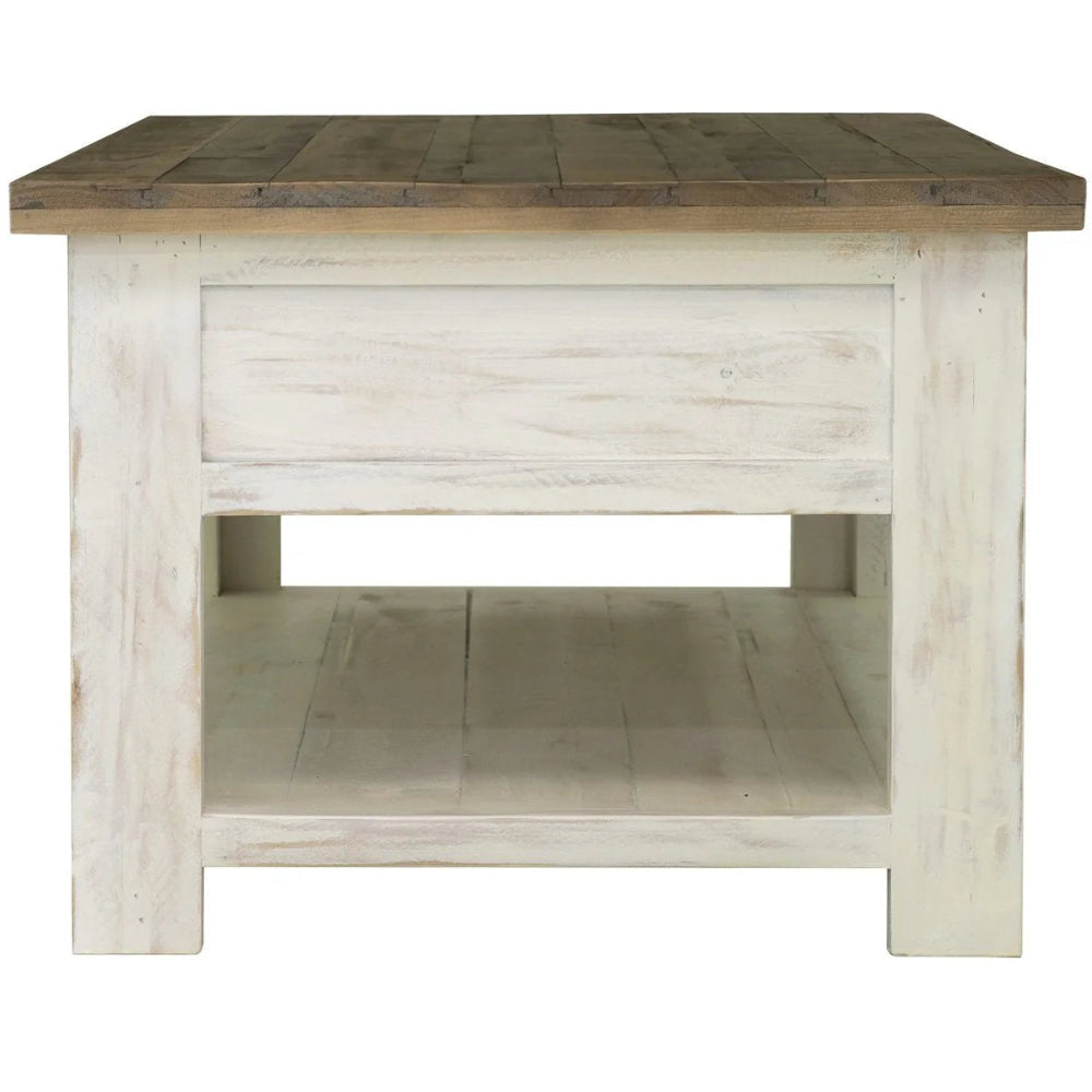 Wooden side table with a rustic design on a white background