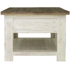 Wooden side table with a rustic design on a white background