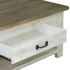 Wooden coffee table with a drawer open on a white background