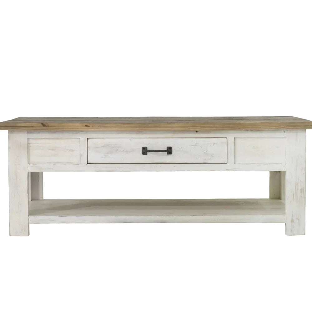 Wooden coffee table with a white washed base and wooden top on a white background
