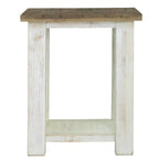Wooden side table with a white base and brown top on a white background