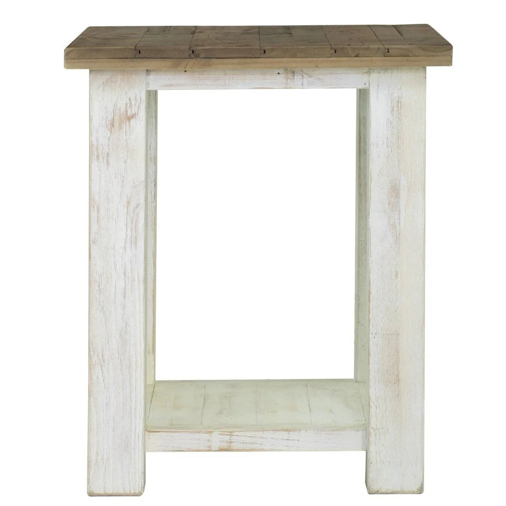 Wooden side table with a white base and brown top on a white background