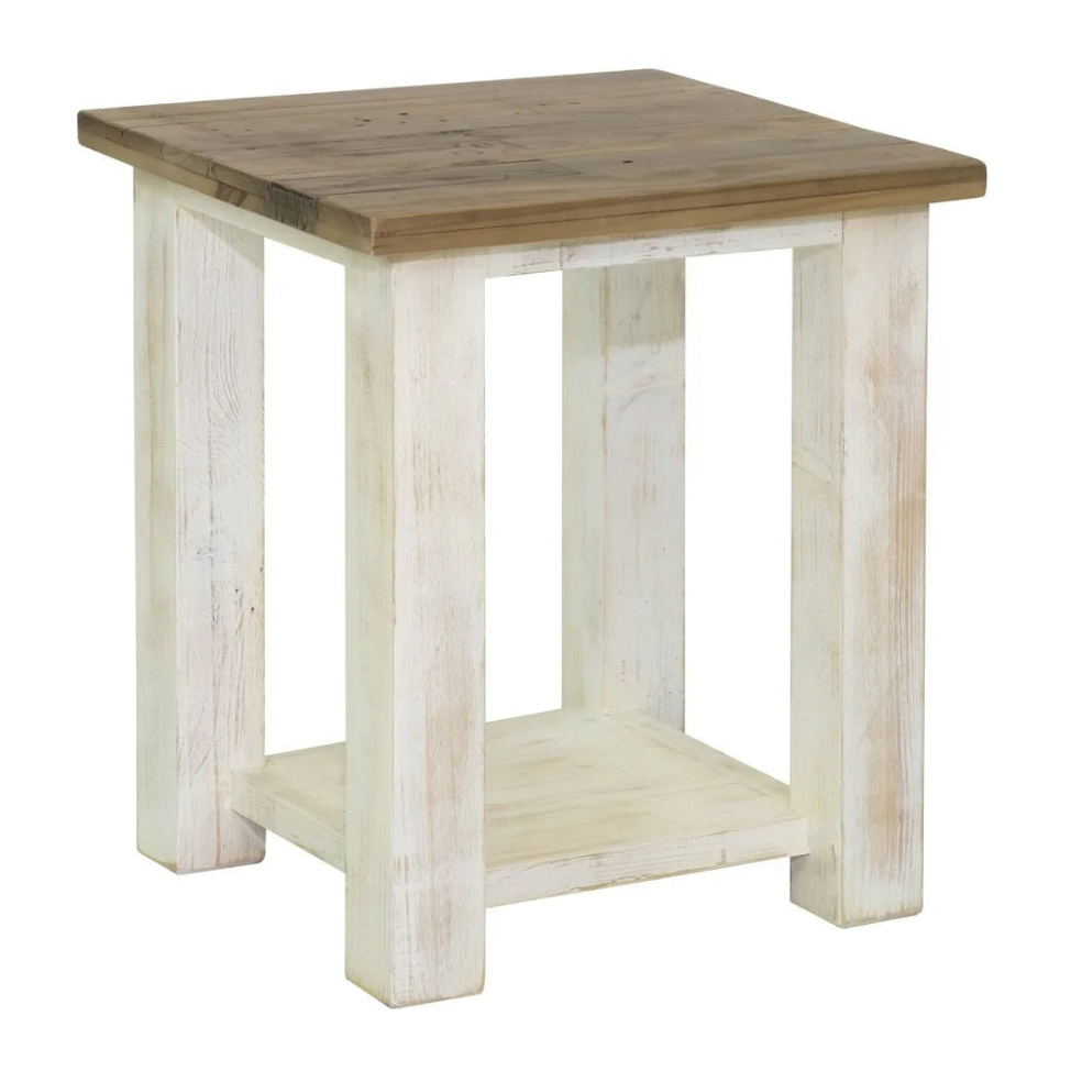 Wooden side table with natural finish on a white background