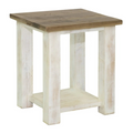Wooden side table with natural finish on a white background