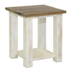 Wooden side table with natural finish on a white background