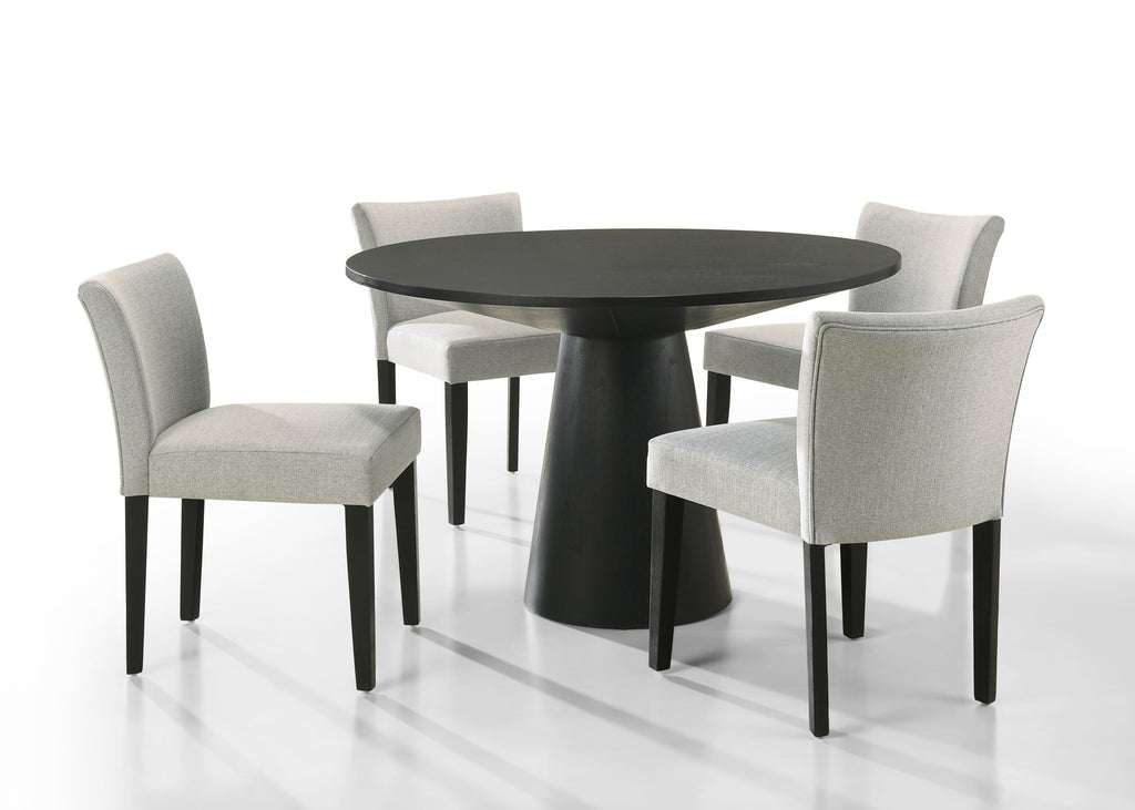 Black round dining table with four gray chairs on a white background