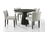Black round dining table with four gray chairs on a white background