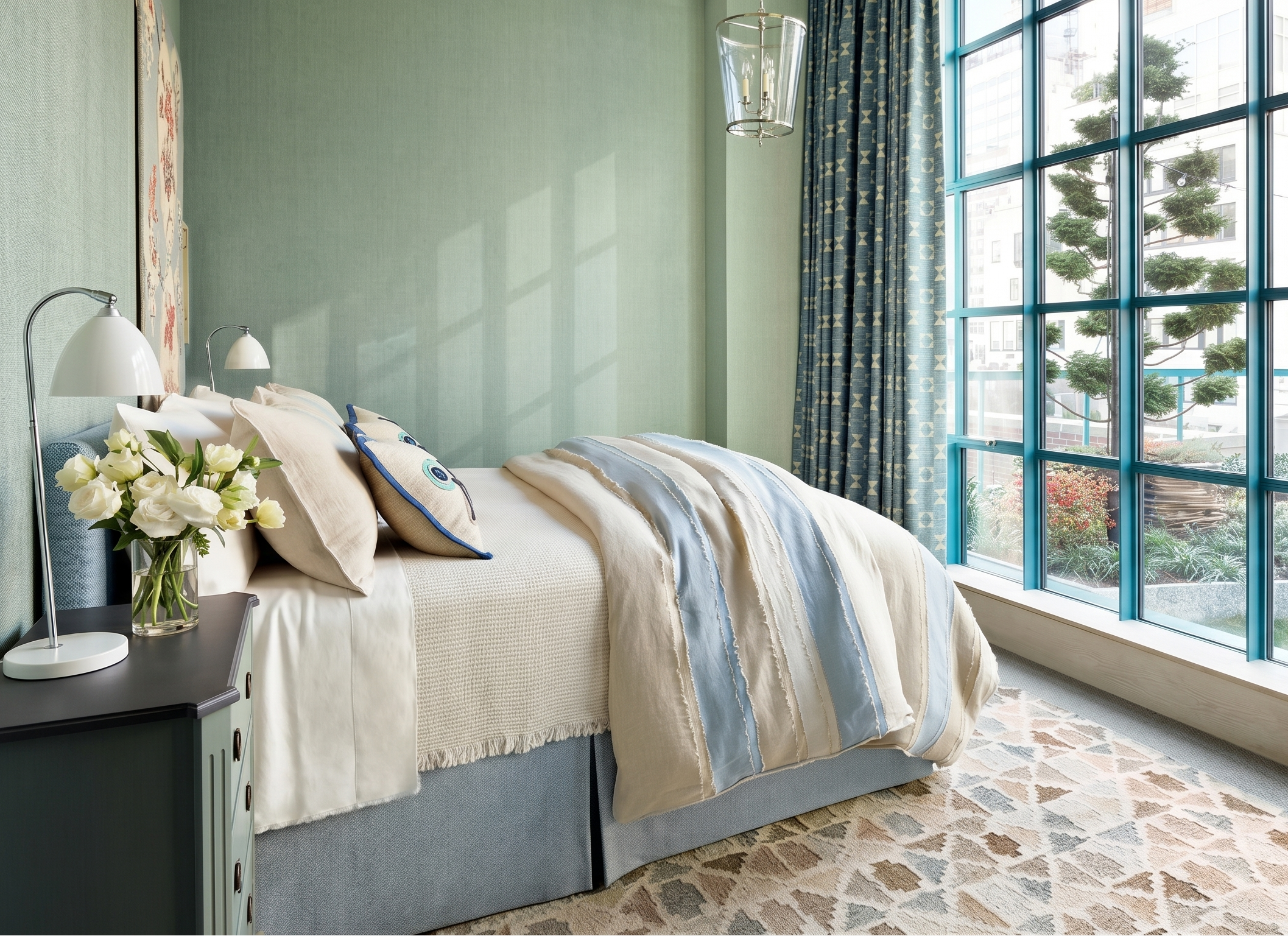 Modern bedroom with large windows, bed with striped bedding, and decorative pillows.