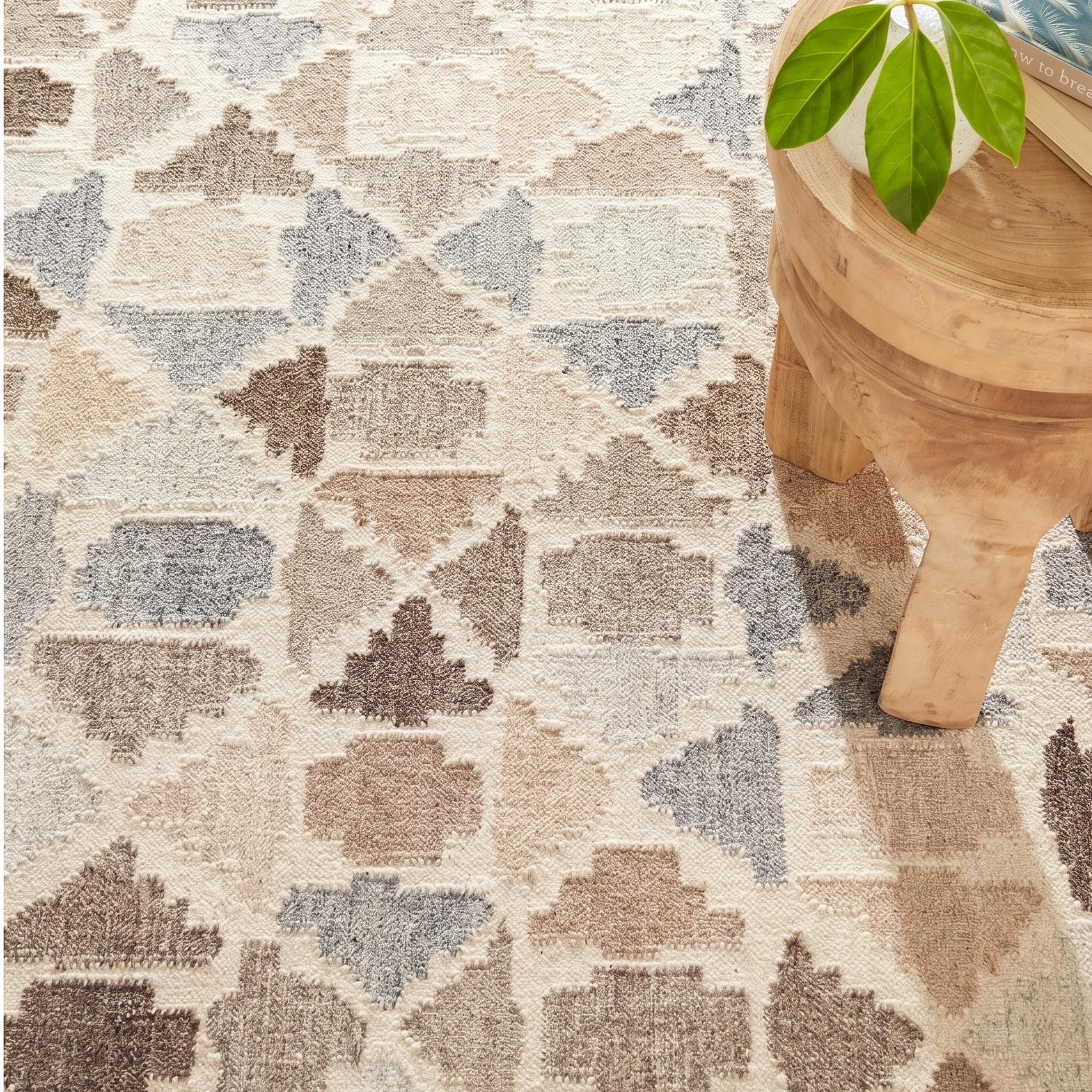 Patterned rug with geometric design in neutral colors, wooden stool, and plant.