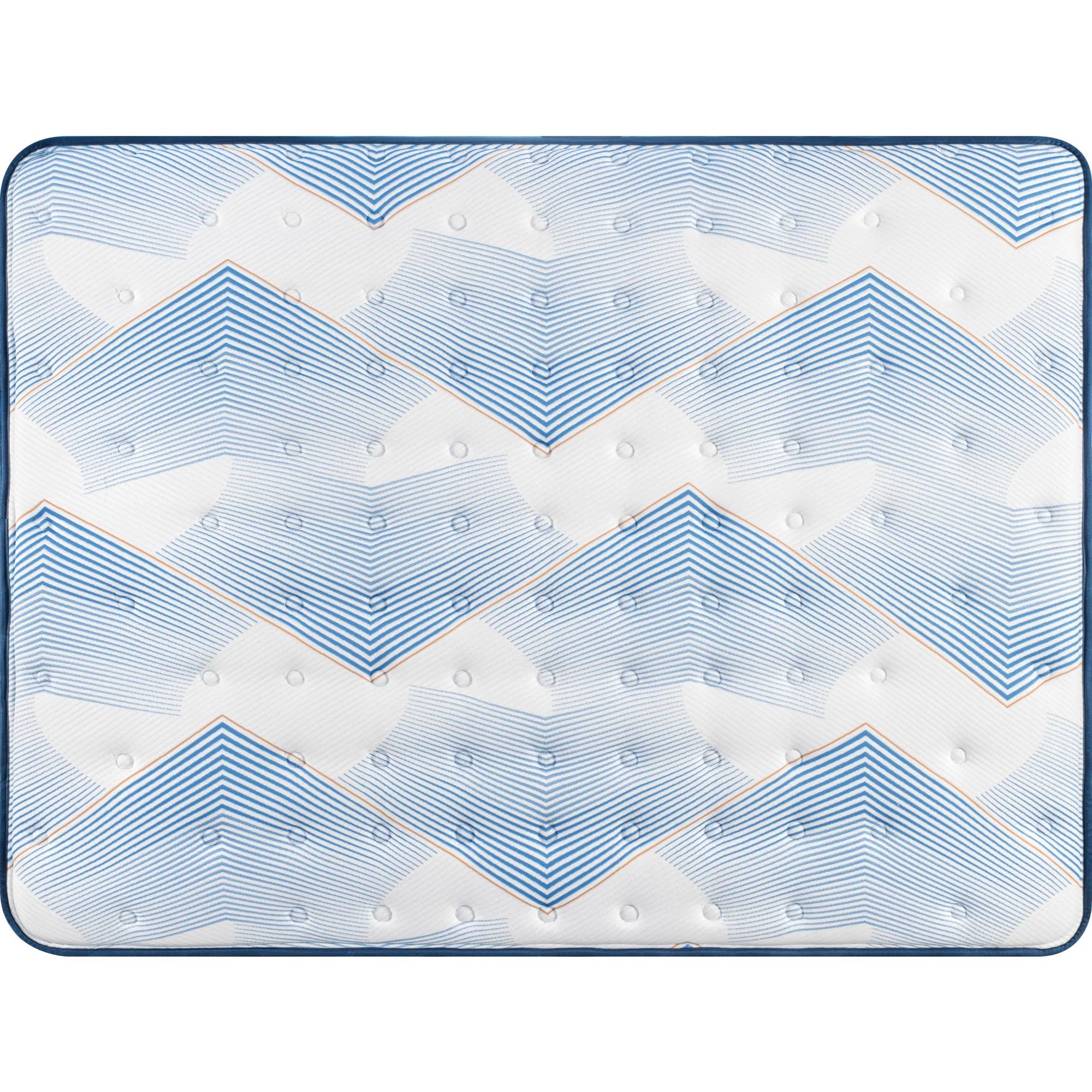 Blue and white mattress with geometric pattern on a white background