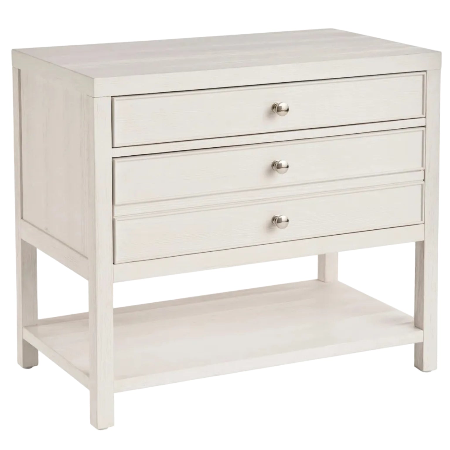 White nightstand with three drawers and a shelf on a white background
