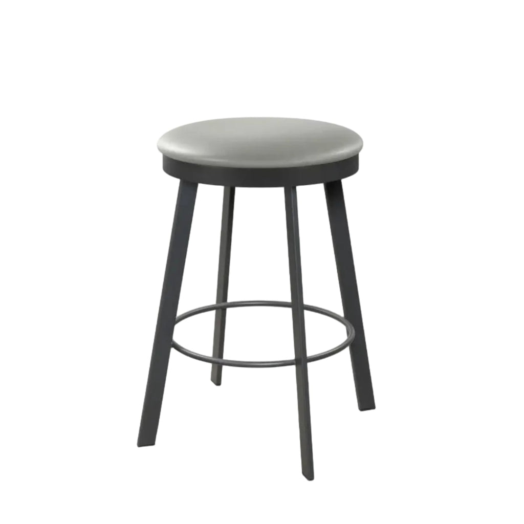 Bar stool with black legs and gray cushioned seat on a white background