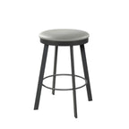 Bar stool with black legs and gray cushioned seat on a white background