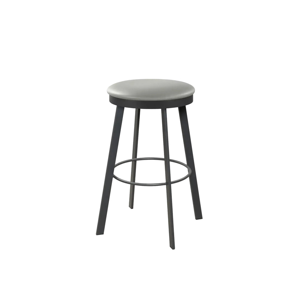 Bar stool with a gray seat and black legs on a white background
