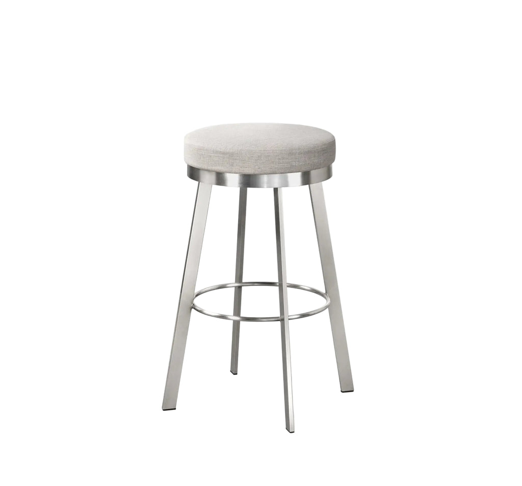 Bar stool with metal frame and upholstered seat on a white background