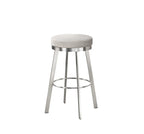Bar stool with metal frame and upholstered seat on a white background