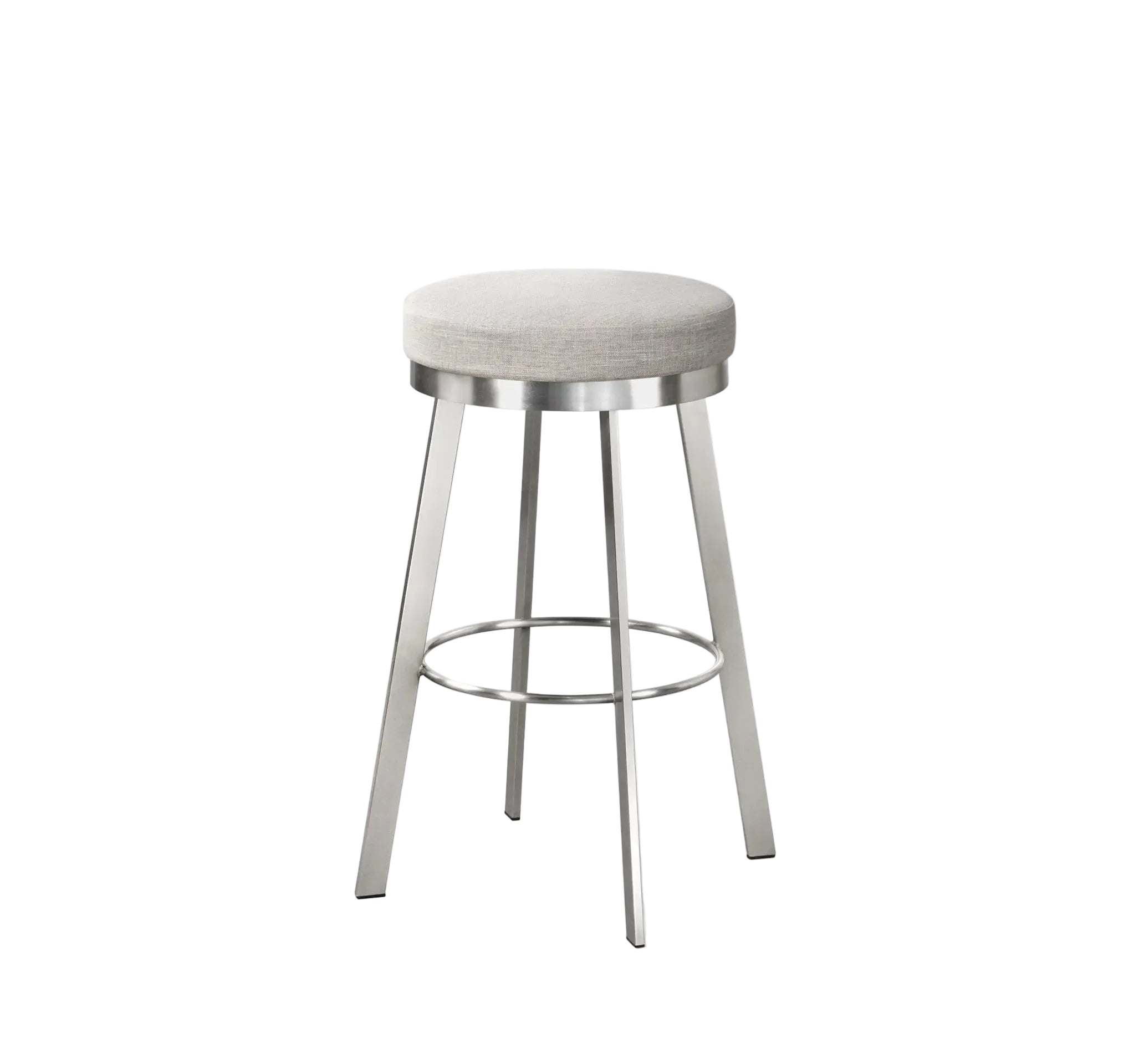 Bar stool with metal frame and upholstered seat on a white background