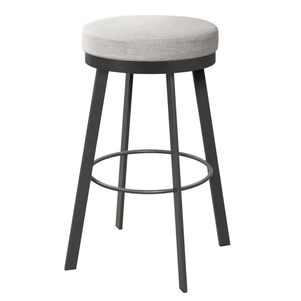 Bar stool with a gray cushioned seat and black metal legs on a white background