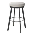 Bar stool with a gray cushioned seat and black metal legs on a white background