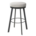 Bar stool with a gray cushioned seat and black metal legs on a white background