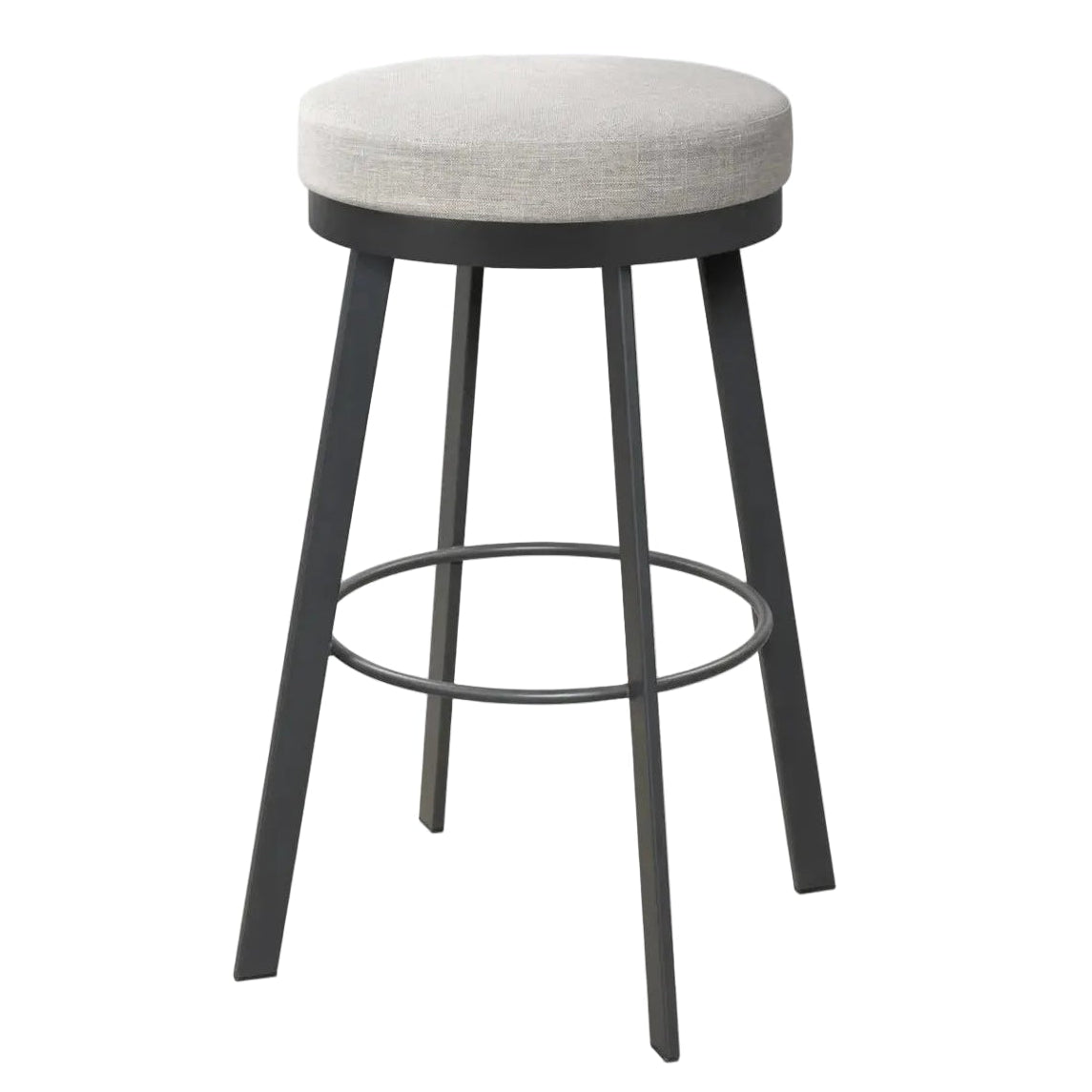 Bar stool with a gray cushioned seat and black metal legs on a white background